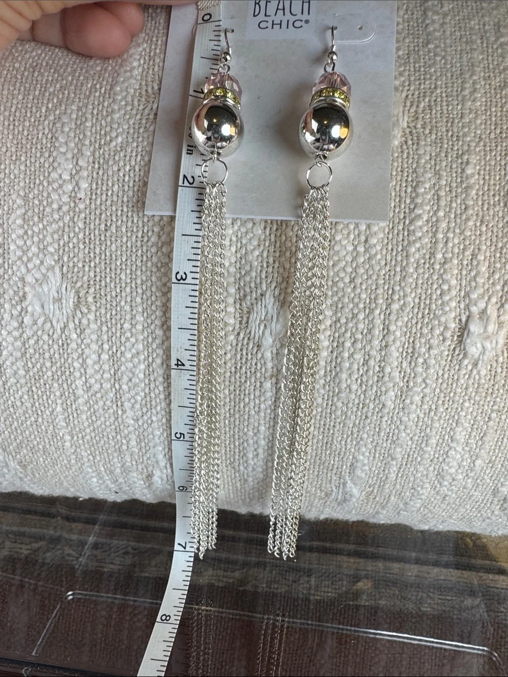 0548- Beach Chic Silver Tassel Drop Earrings with Pink‎ Accent